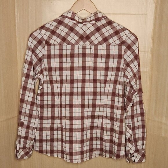REI MensvMaroon Red Plaid Snap Down Shirt Medium - Picture 2 of 7